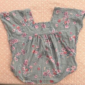 Time and Tru Navy Striped Floral Square Neck Blouse